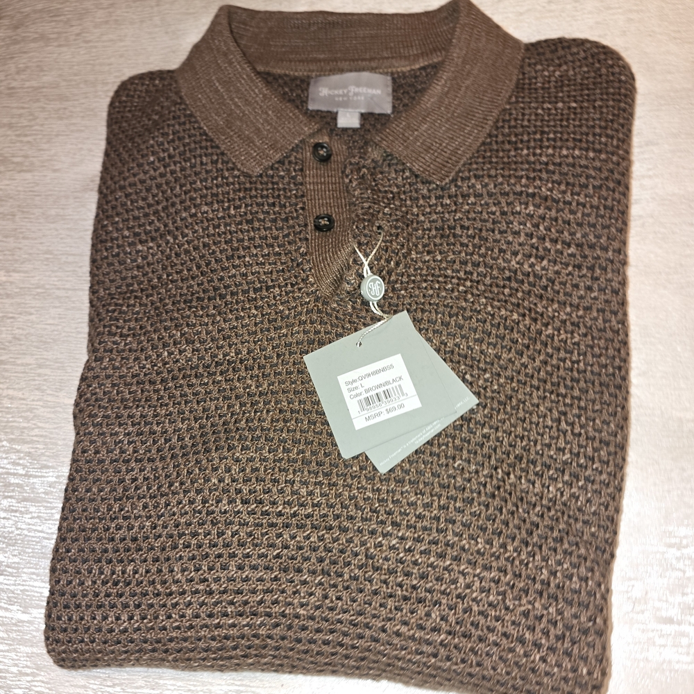 Hickey Freeman Brown and Black Textured Knit Polo Shirt